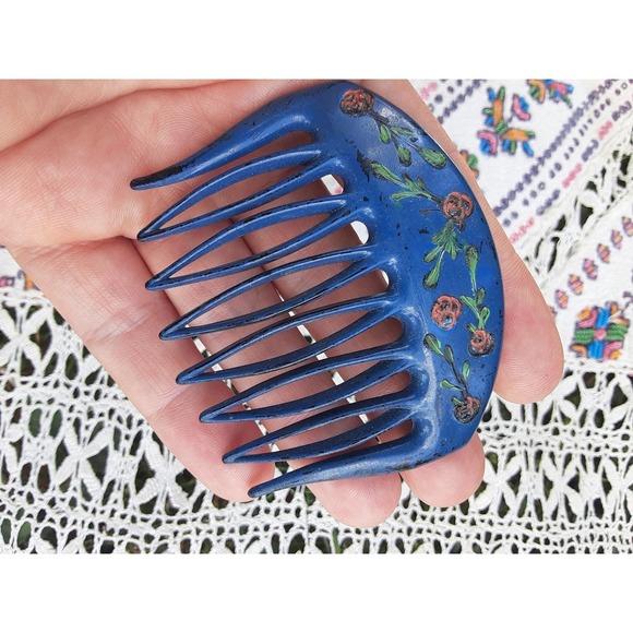 Accessories - Vintage Blue Hand Painted Floral Hair Comb Rose Folk Art Hair Accessory